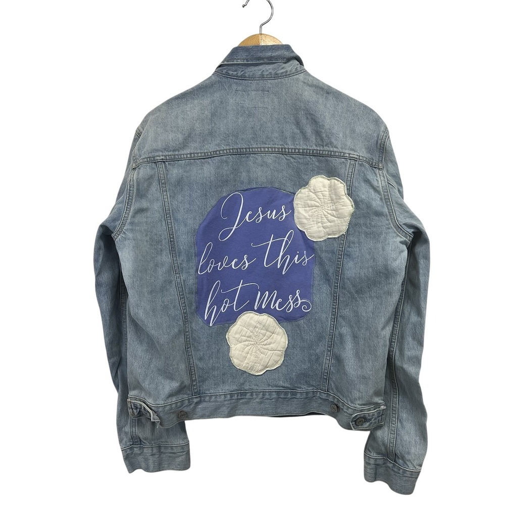Upcyled Reworked Denim Trucker Jacket M Lt Blue Jesus Loves This‎ Hot Mess OOAK